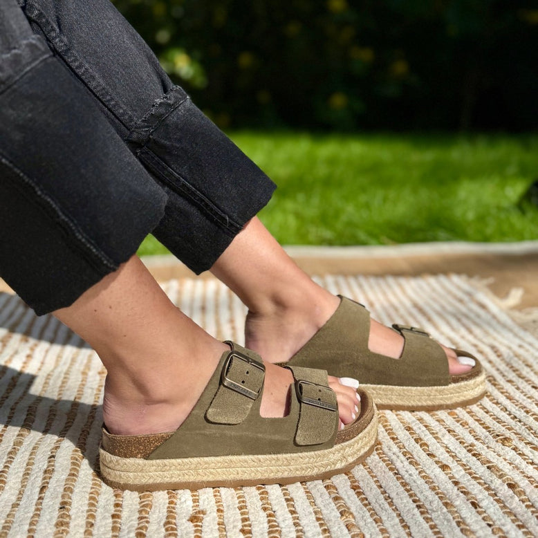Chiara – Mules Femme à Deux Brides avec Plateforme en Corde 4 cm - Pastelle Boutique36kaki