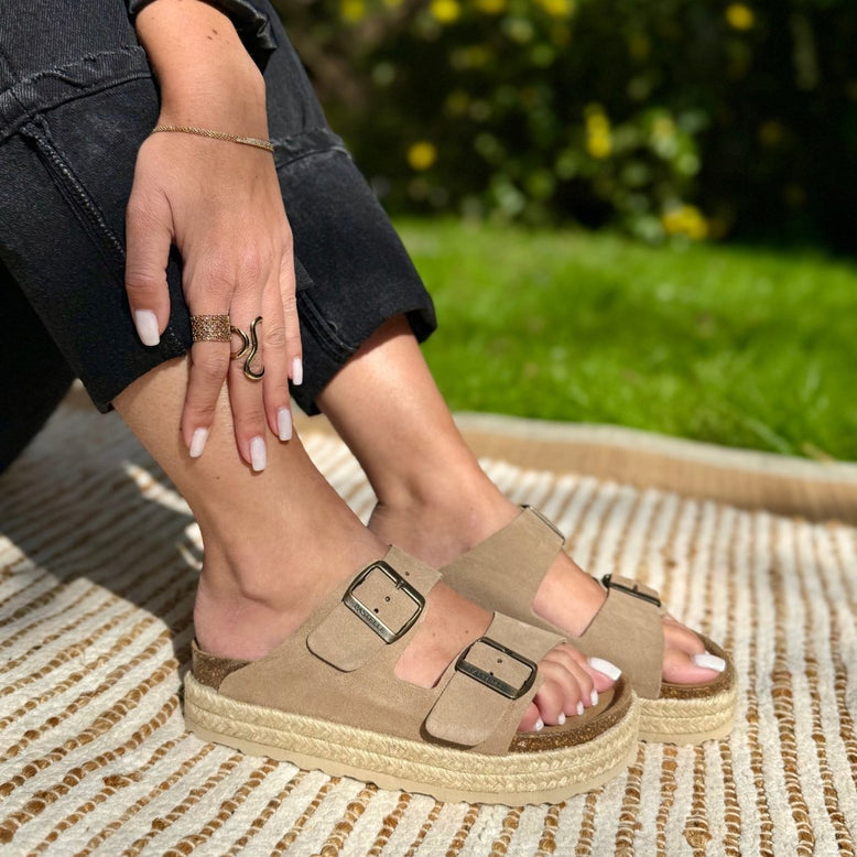 Chiara – Mules Femme à Deux Brides avec Plateforme en Corde 4 cm - Pastelle Boutique36kaki