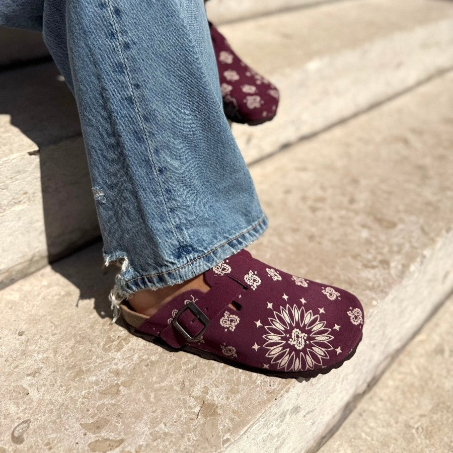 Solal imprimé – Sabots Mules Femme en Suède, Semelle Confort en Liège et Cuir - Pastelle Boutique36Noir bandana