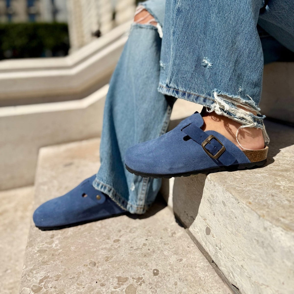 Solal – Sabots Mules Femme en Suède, Semelle Confort en Liège et Cuir - Pastelle Boutique36Bleu