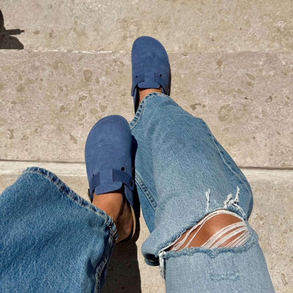 Solal – Sabots Mules Femme en Suède, Semelle Confort en Liège et Cuir - Pastelle Boutique36Bleu